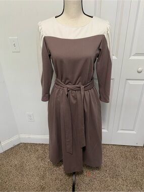 Lanz Two-Tone Long Sleeve Midi Dress with Self-Tie Waist in Taupe and Cream